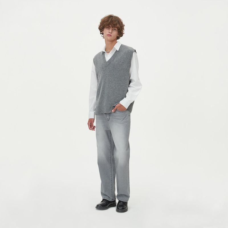 LAMBSWOOL V NECK KNIT VEST_GRAY