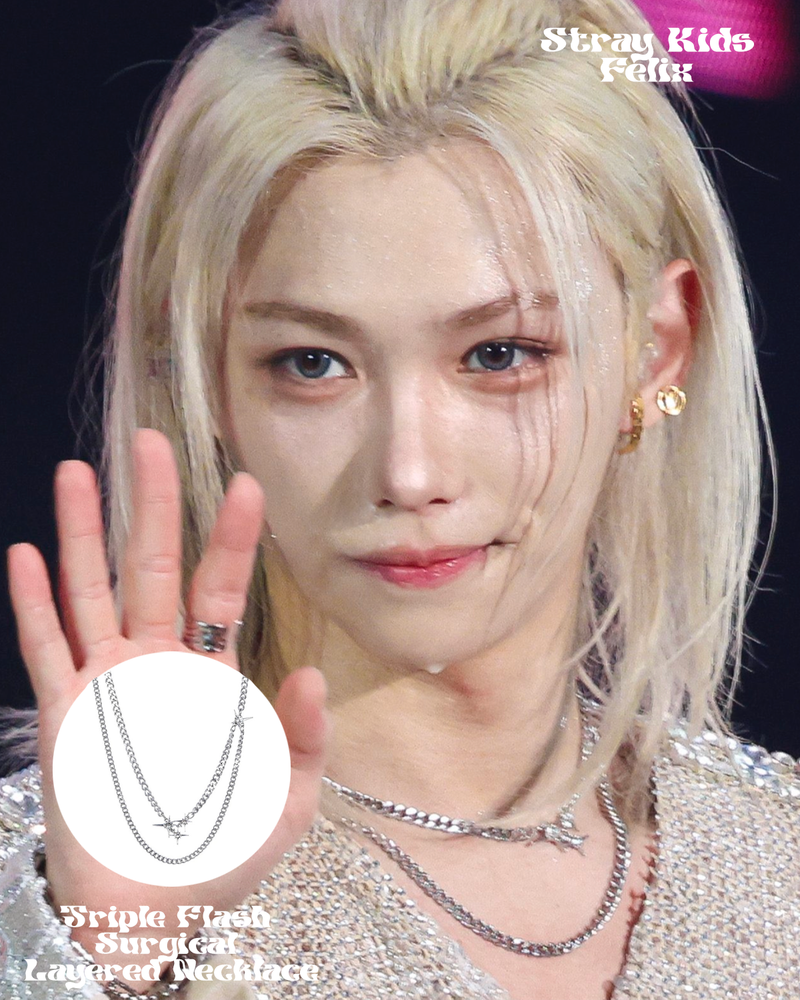 [StrayKids Felix,Leeknow Pick](S.Steel)Triple Flash Layered Necklace