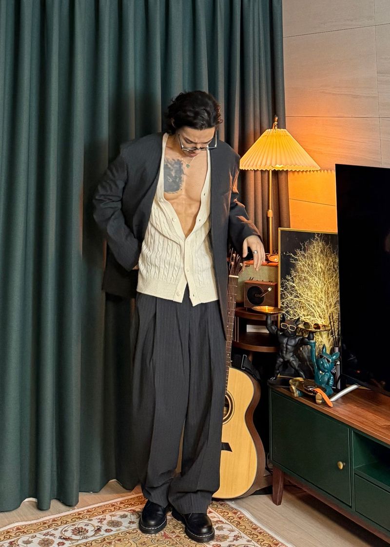 No-Collar Striped V-Zip Slacks 2COLOR