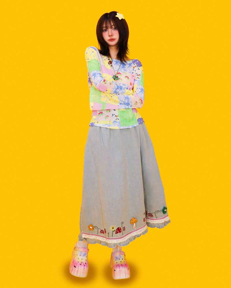 mushroom denim long skirt (2color)