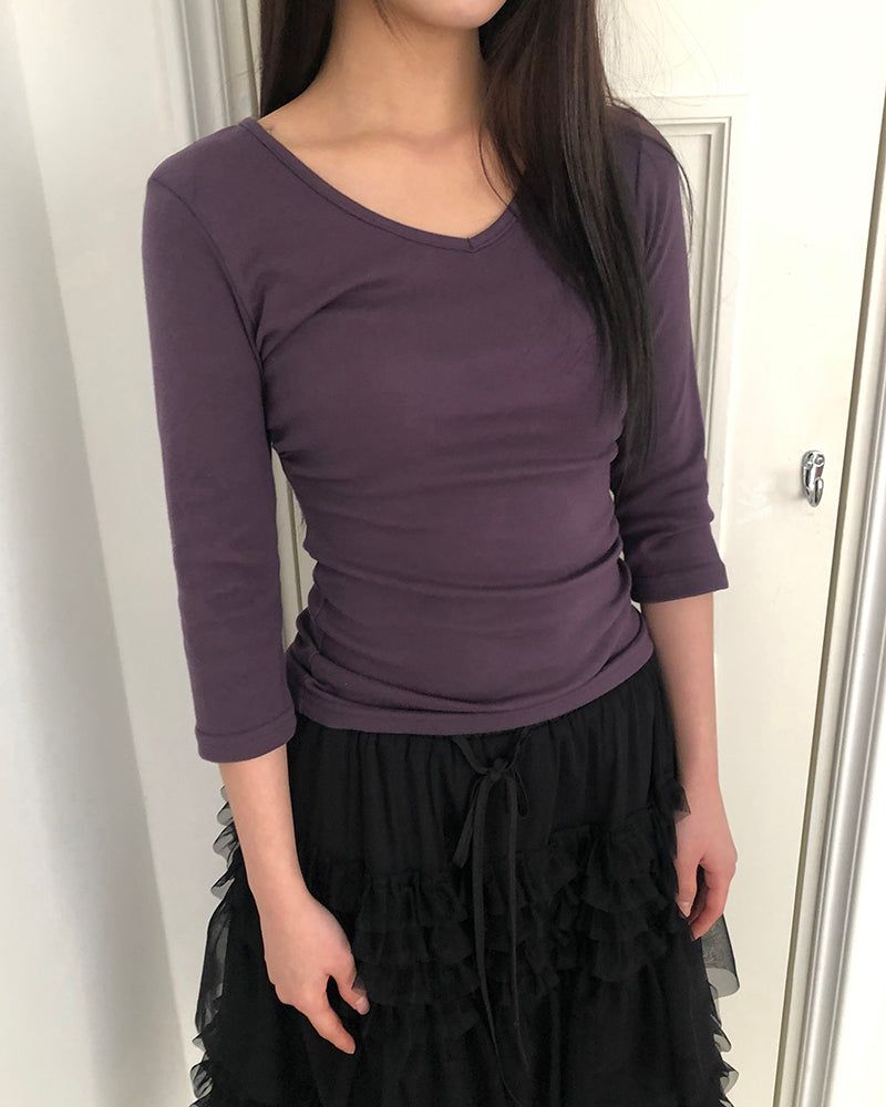 WONDER WONDER(ワンダーワンダー)の「Nilon V-Neck Side-Shirring 7-Sleeve T-Shirt(Tops)」