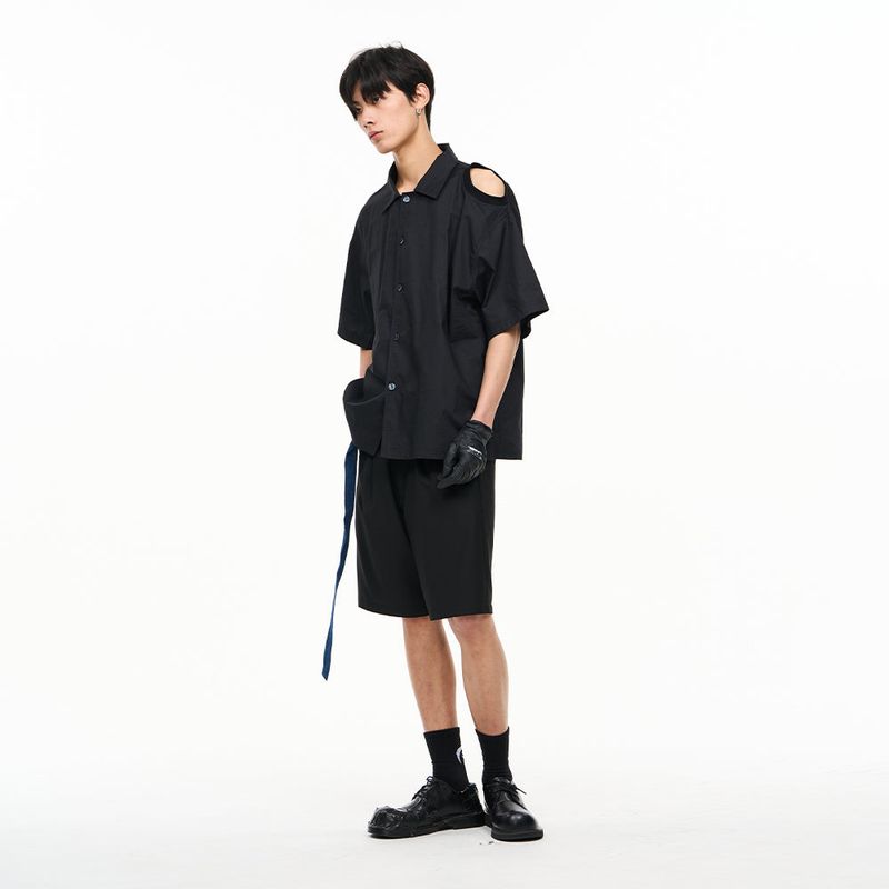 RELABEL Black Crooked Waist Head Adjustable D-Buckle Denim Belt Pleated Suit Shorts