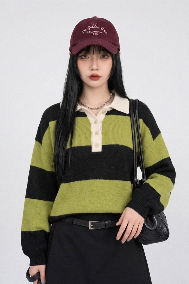 RUGBY STRIPED POLO SWEATER (5COLORS!)