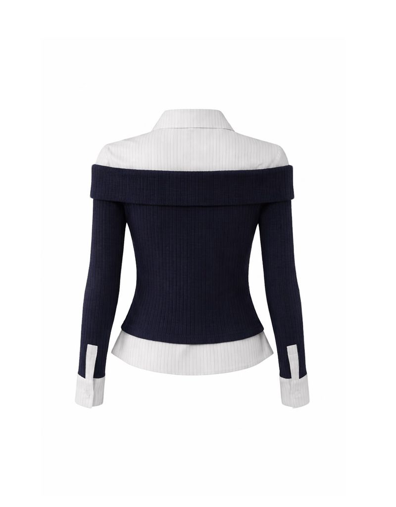 Ellie Off-Shoulder Tie Ribbed Knit Navy