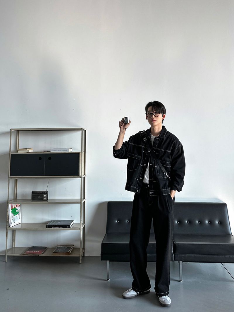 LMN log Oversized fit stitch denim setup jacket (2 colors)