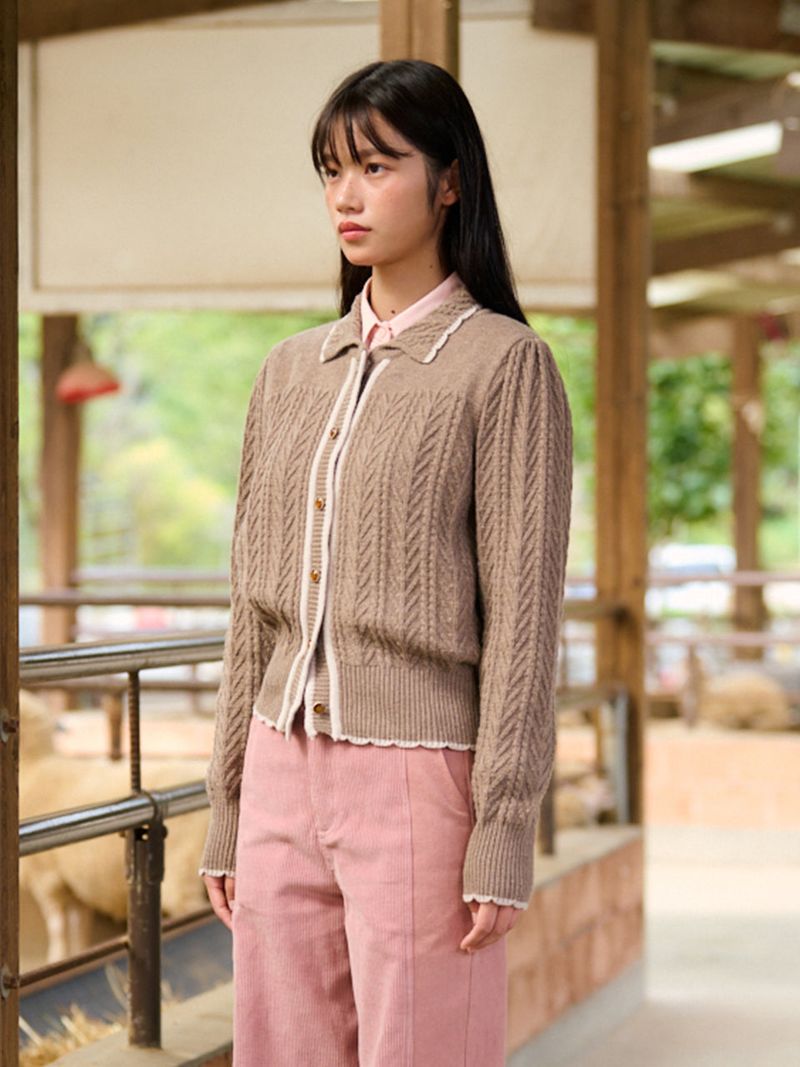 Wavy Collar Cable Merino Cardigan (Brown)