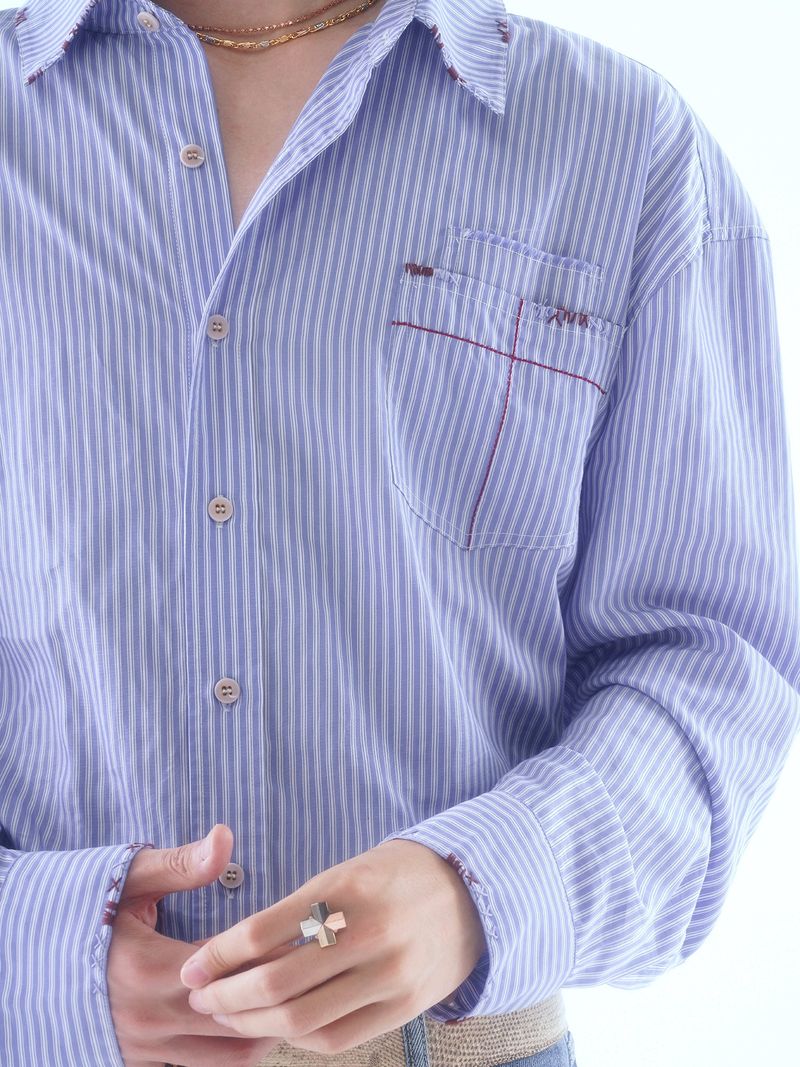 SIGNATURE BACK PATCH HAND-STITCHED CROSS PATCH POCKET STRIPED SHIRT