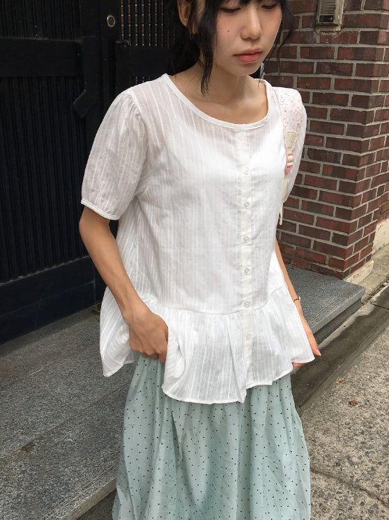 Roden Frill Cotton Balloon Short Sleeve Blouse