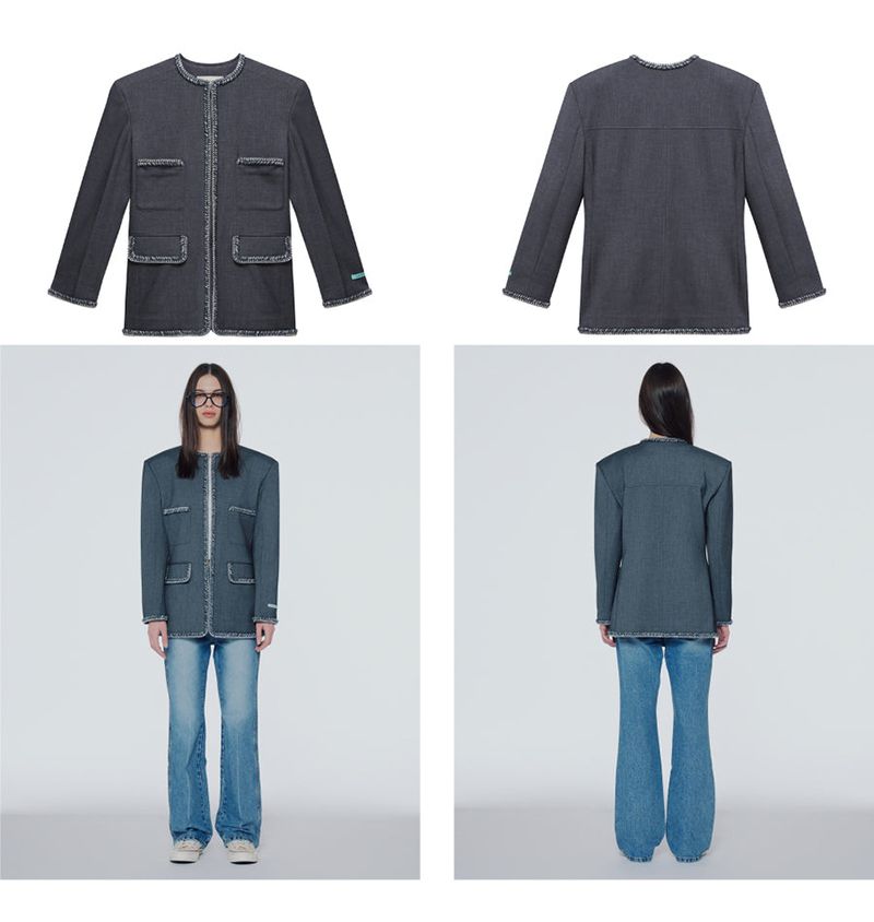 Collarless wool-blend tweed jacket