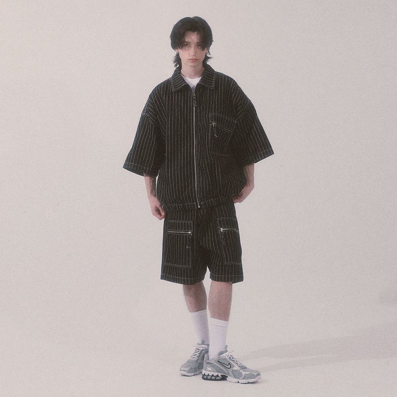 stripe denim shorts_black