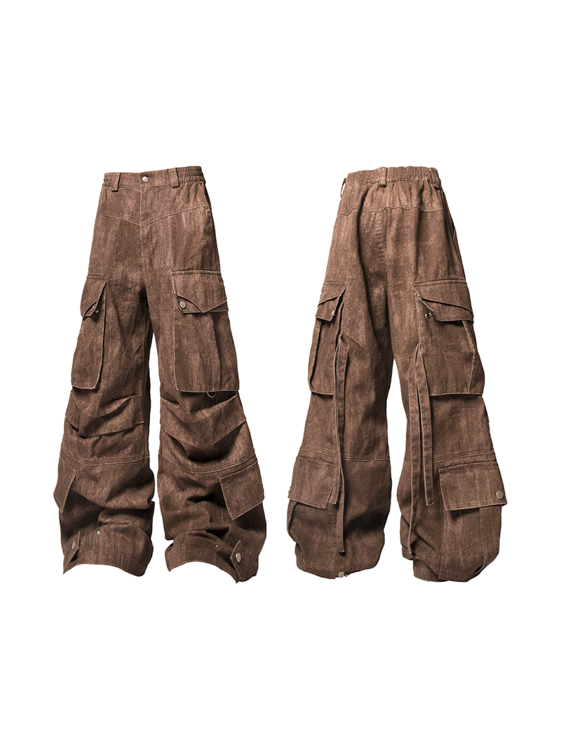 RELABEL Three-dimensional Composition (Block) Washed Silhouette Pleated Multi-pocket Adjustable Flap Shell Trousers