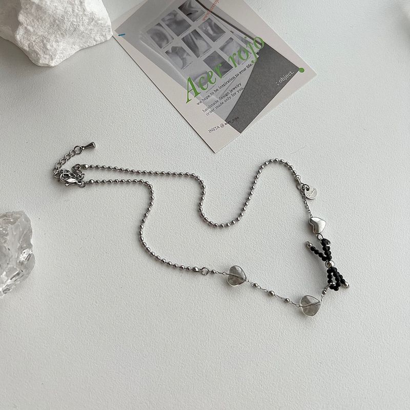 bru Ballet Core Stainless Steel Titanium Ribbon Black Beads Heart Short Layered Necklace