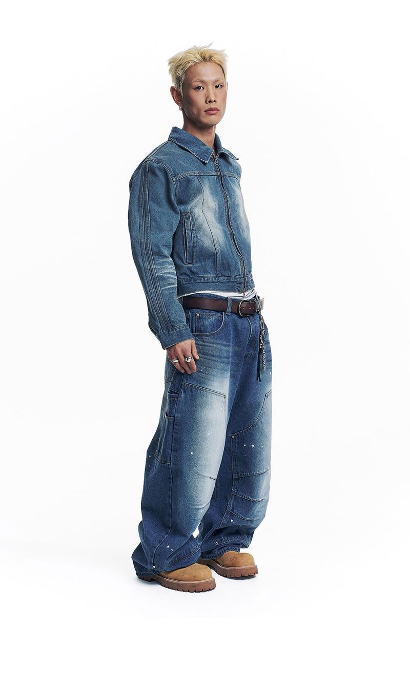 Curved Double Knee Denim Pants - Deep Blue