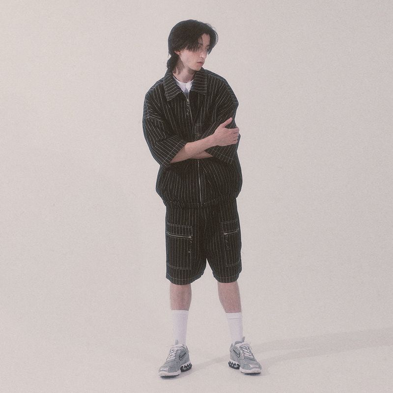stripe denim shorts_black
