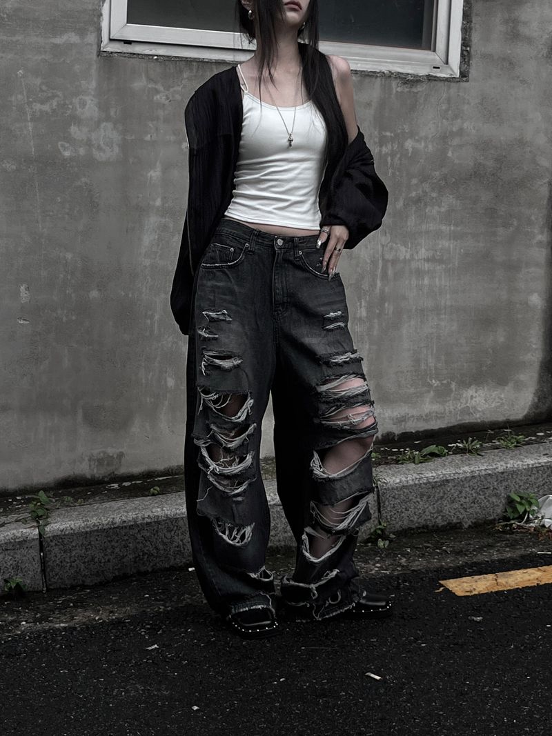 black destroyed wide denim