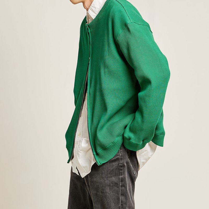 DAMP 2-WAY ZIP-UP WAFFLE CARDIGAN_GREEN