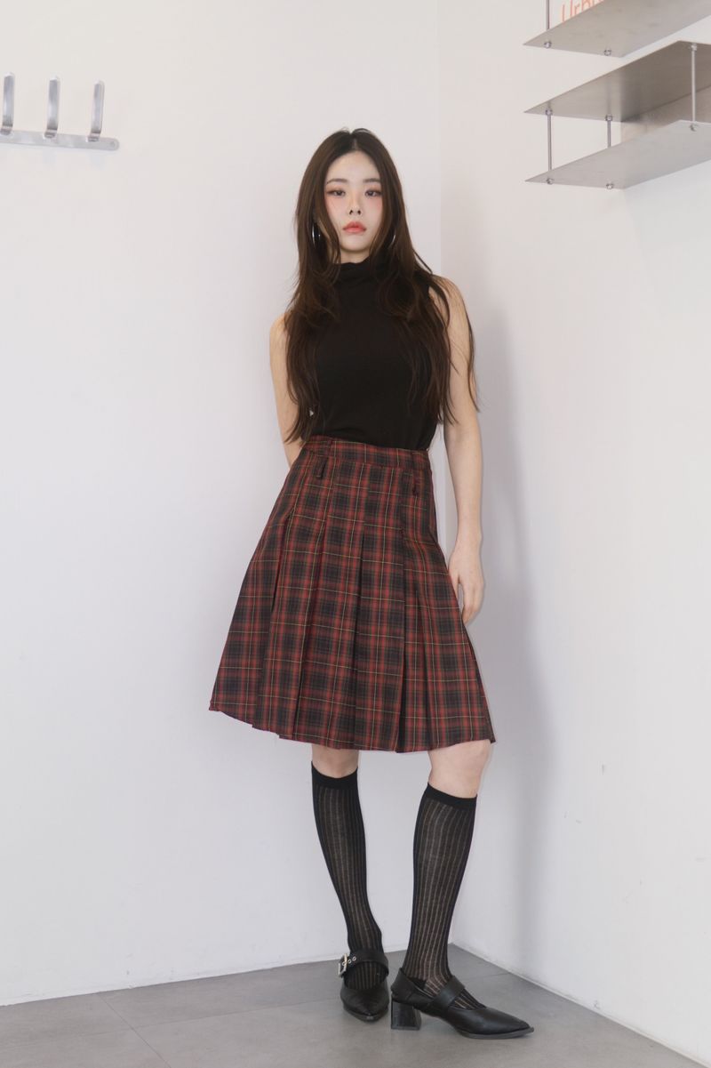 Red Preppy Checkered Midi Pleats Skirt