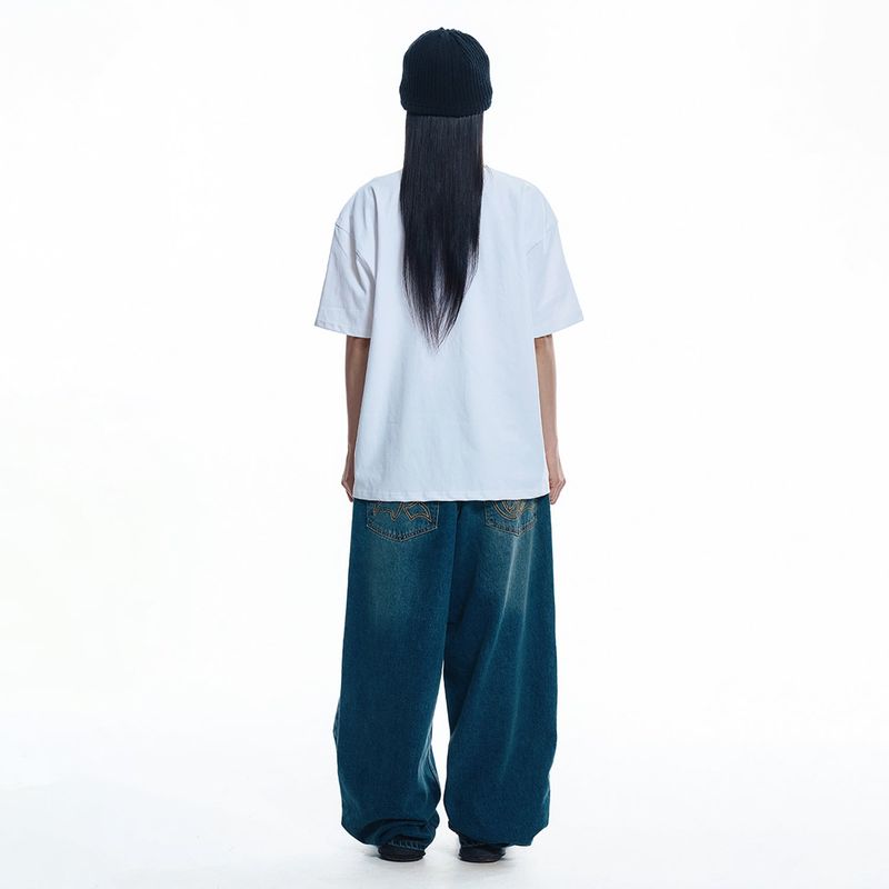 Lettering Wide Denim Pants - DEEP BLUE