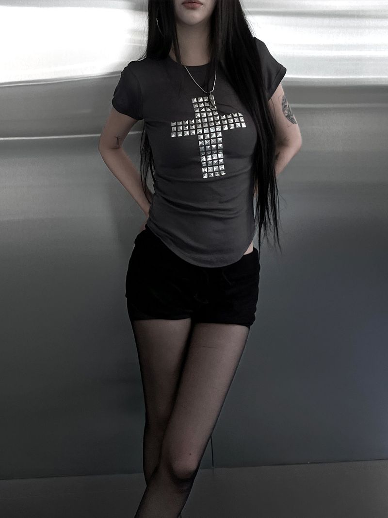 metallic cross stud short sleeve (3color)