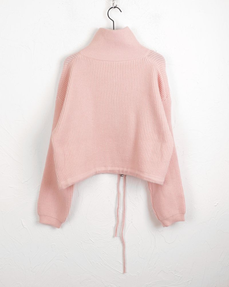 LB wool color combination ribbed string knit zip-up
