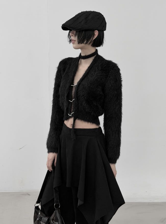 Linked Metal Ring Scarf Fur Cardigan