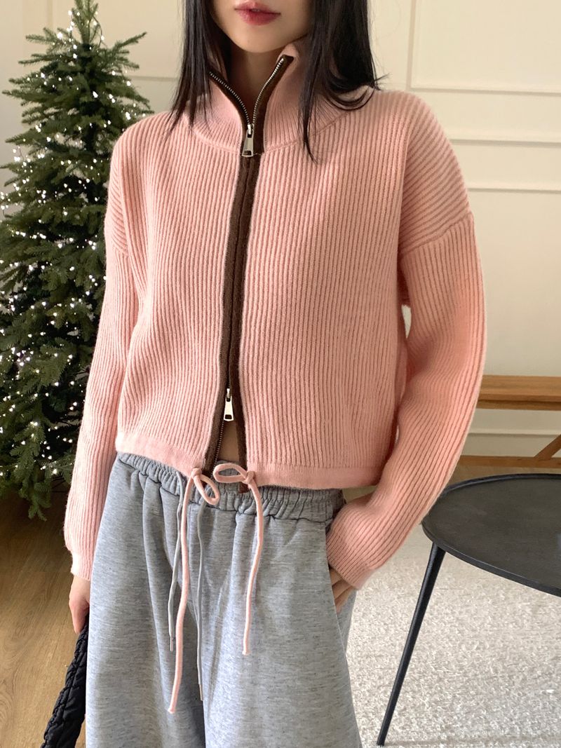 LB wool color combination ribbed string knit zip-up