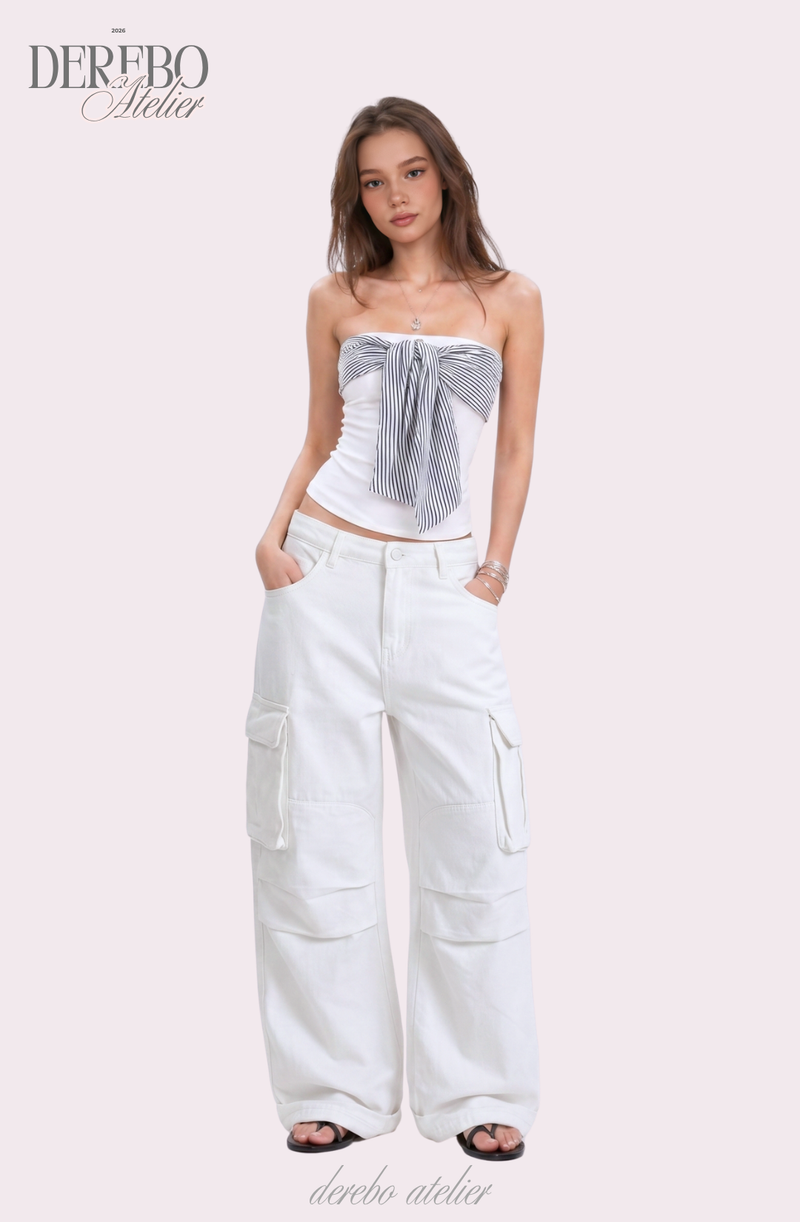 white wide pocket cotton casual pants