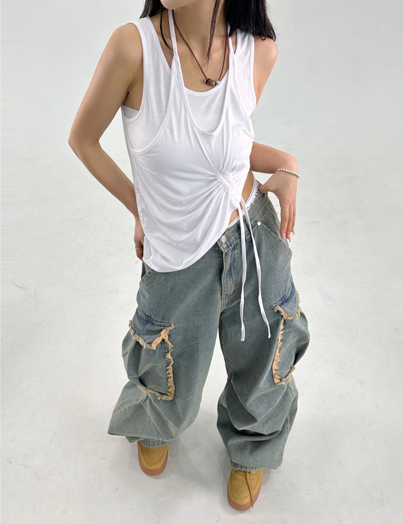 LAYERED SHIRRING POINT SLEEVELESS🤎💚🖤🤍 - 4 COLORS