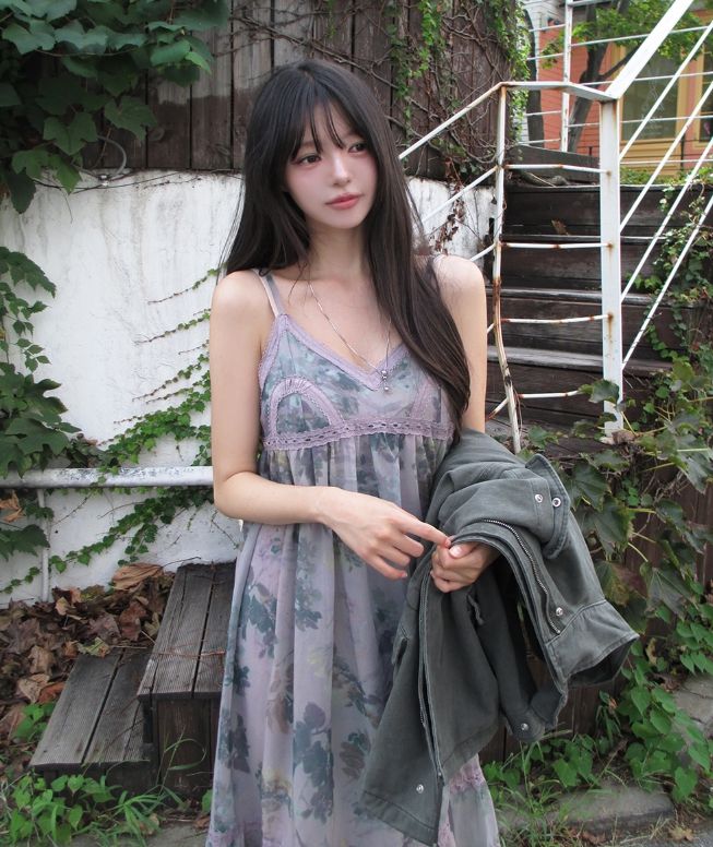 Misty Mauve Flower Chiffon Long One Piece