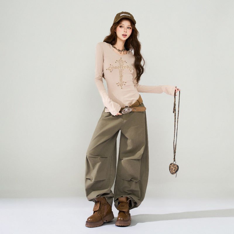 Light Brown Wash Fold Detail Wide Leg Jeans