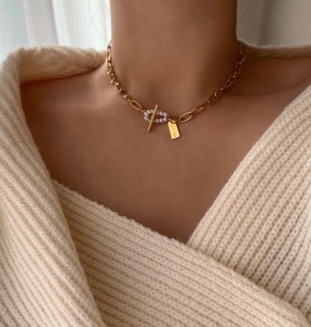 jum Pearl Guest Look Toggle Bar Bold Short Chain Necklace