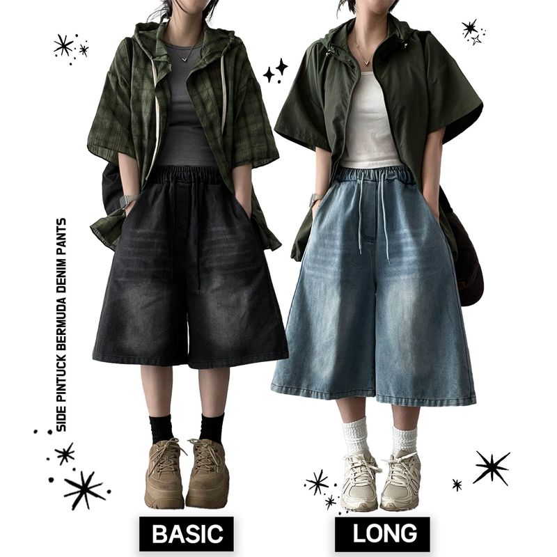 [Basic & long] Ichi banding side pintuck pleated denim Bermuda shorts