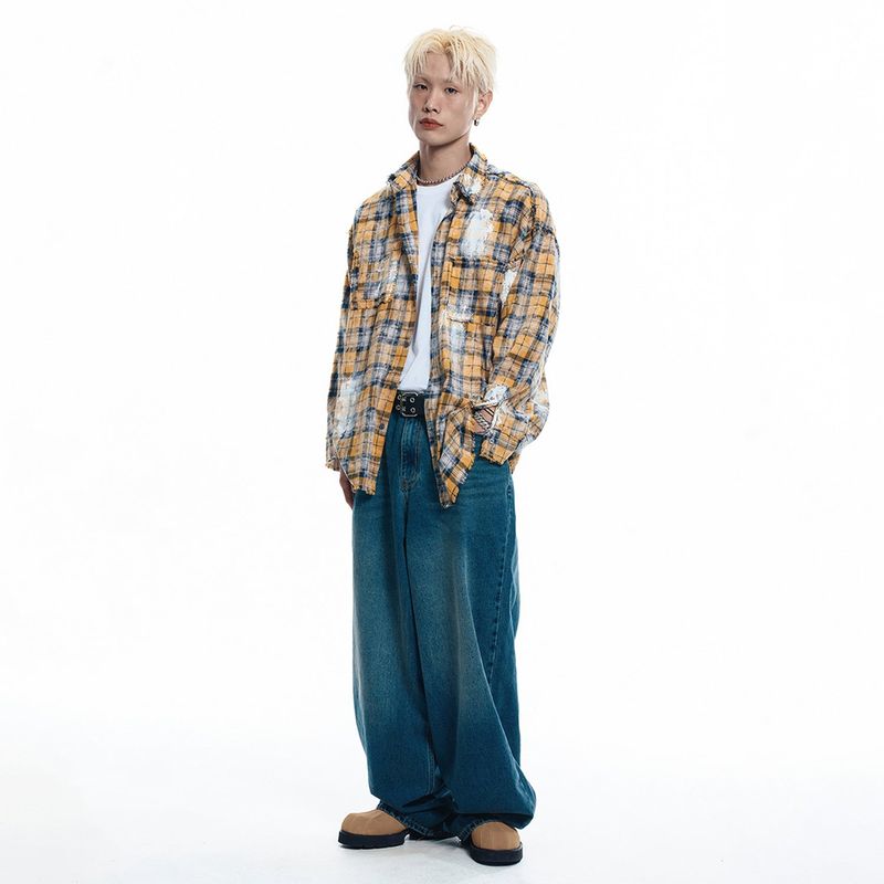 Lettering Wide Denim Pants - DEEP BLUE