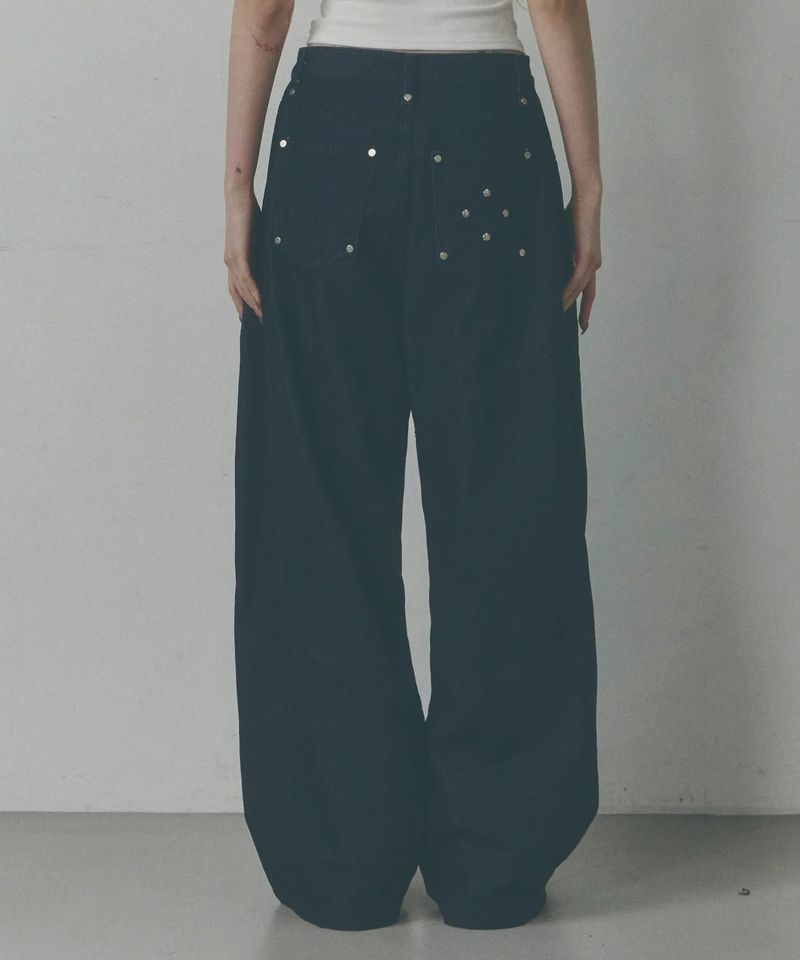Side Pintuck Rivet Wide Denim Pants [Washed Blue]