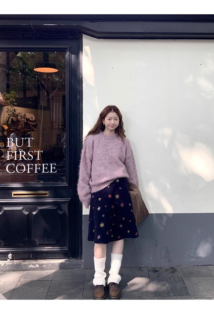 floral embroidered flare wool midi skirt