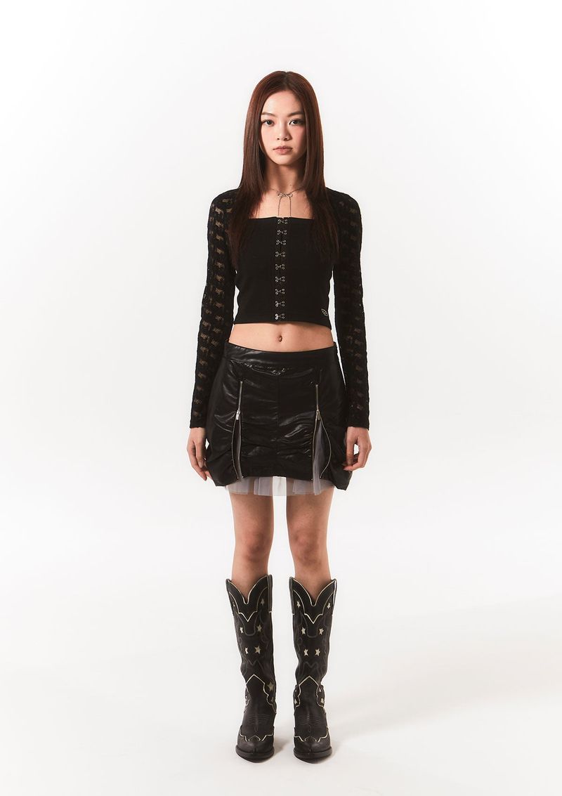 zipper leather shirring sk - black