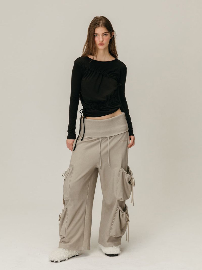 FOLDOVER SHIRRING SWEATPANTS / BLACK