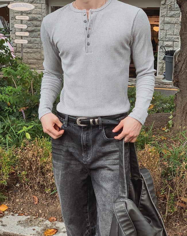 Kanden Ribbed Henley Neck Slim Long Sleeve T-shirt