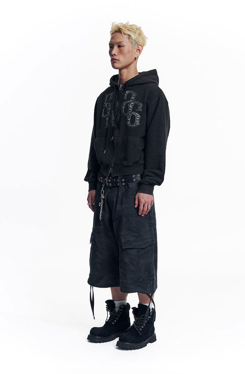 Washed Leather Patch Hooded Zip-Up - Black