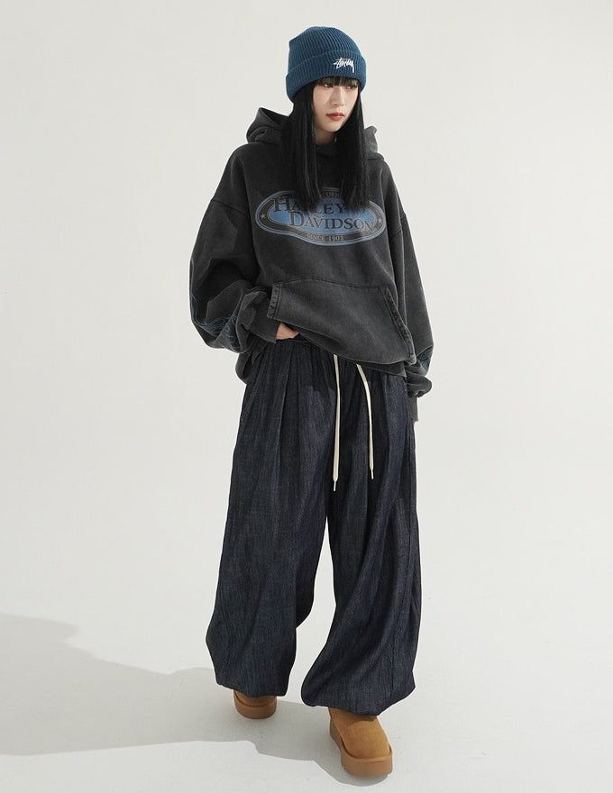 Natural Pintuck Balloon String Denim Pants