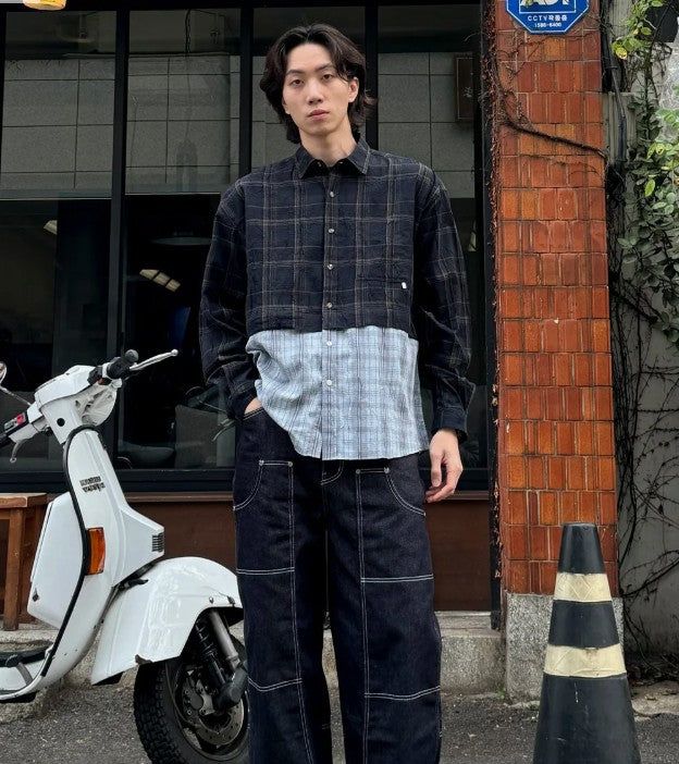 クロップデタッチャブルクリースチェックシャツ S167 フェードネイビー