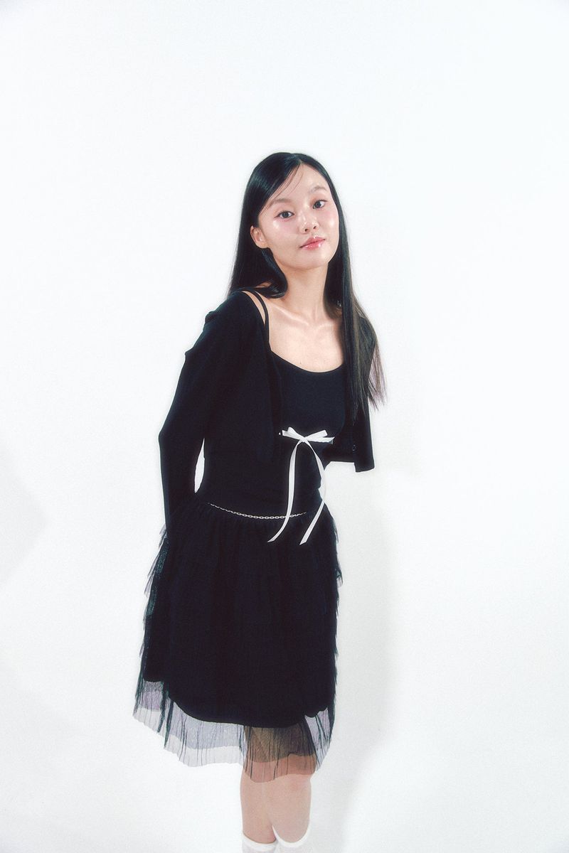Knit Ribbon Shirring Top Set Black