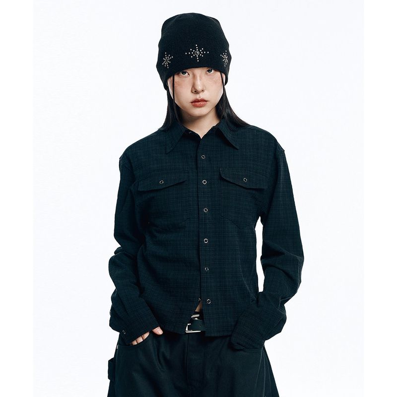 Textured Crop Check Shirt - Black