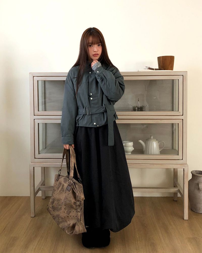 Risha No-Collar Strap Button Quilted Cotton Field Jacket