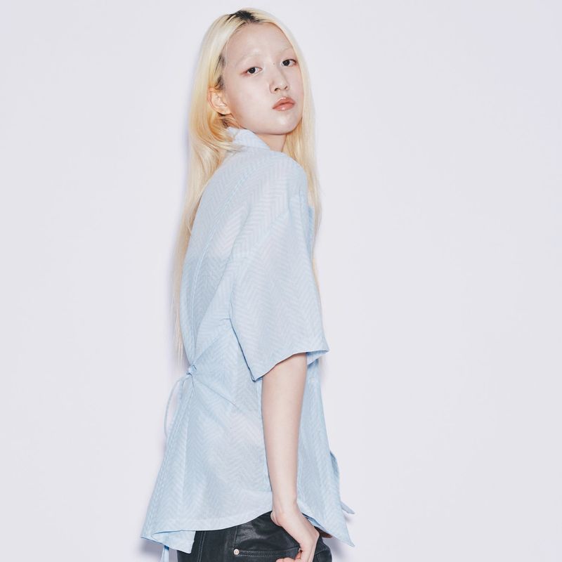 Herringbone Open Collar Shirt sky blue
