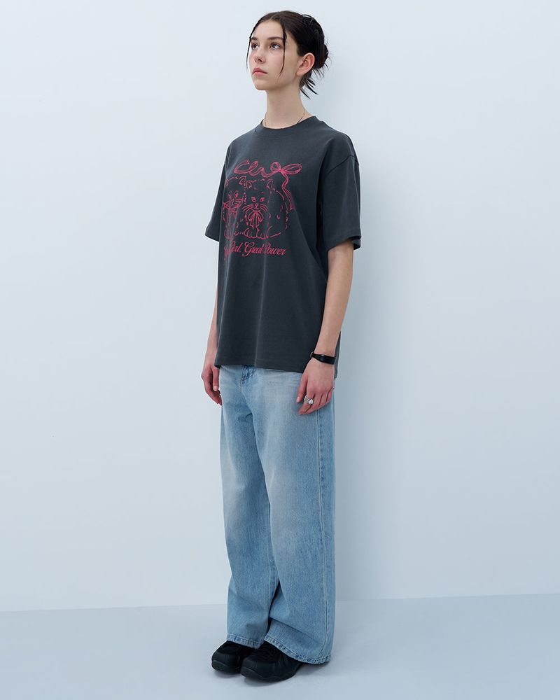 RIBBON CATS TSHIRT-CHARCOAL