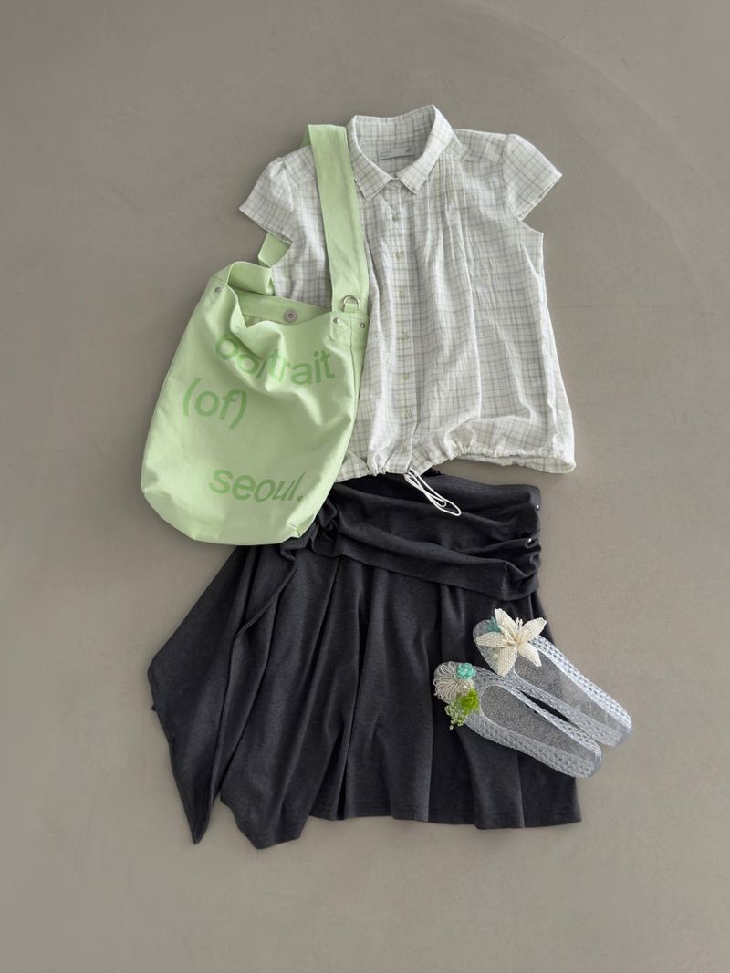 portraitseoul（ポートレイソウル）の「Draped Shirring Skirt - Melange Charcoal（Skirts）」