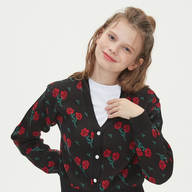 FLOWER JAQUARD KNIT CARDIGAN_BLACK