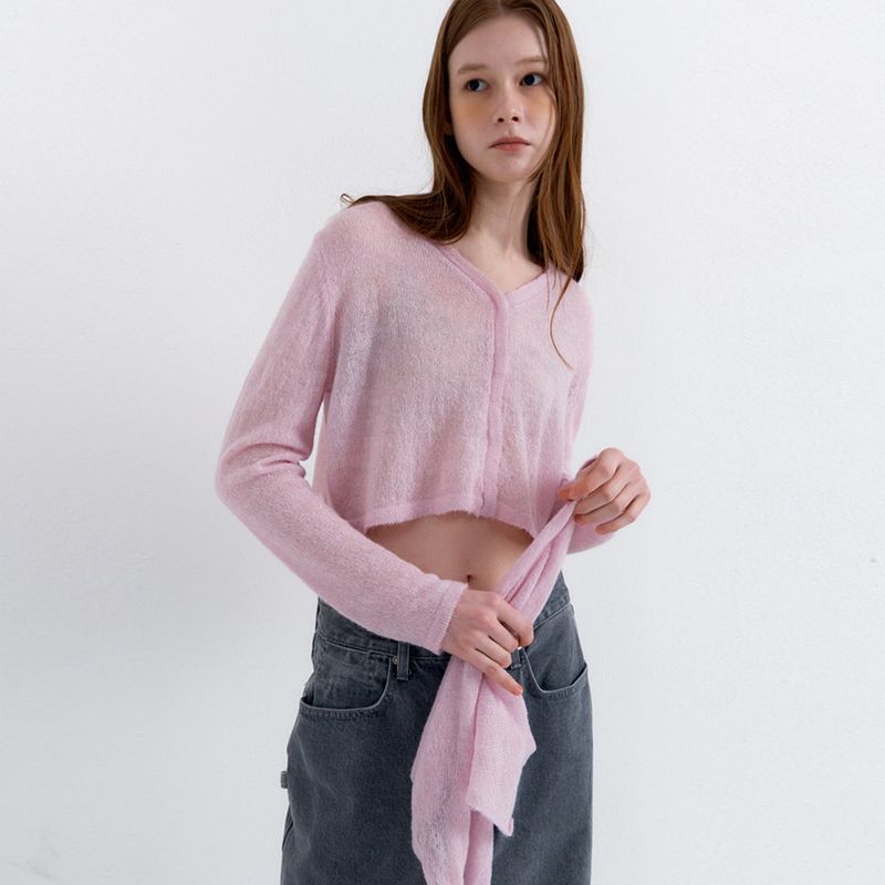 Scarf Set Cropped Knit Cardigan_Pink