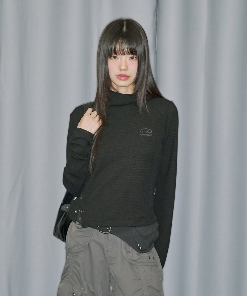 ODDSTUDIO（オッドスタジオ）の「Side Snap Waffle Hood Long Sleeve - BLACK（Tops）」